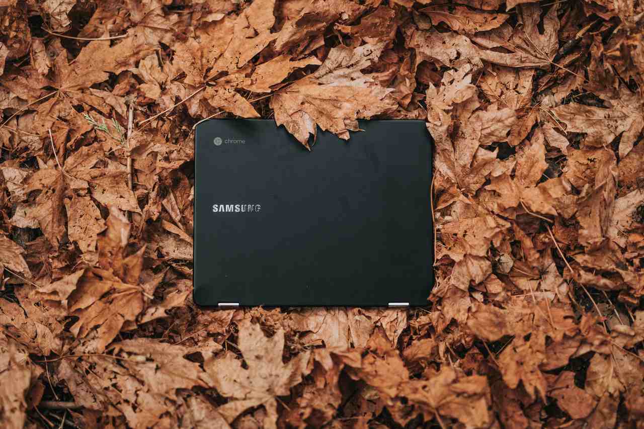 laptop samsung sobre folhas de outono