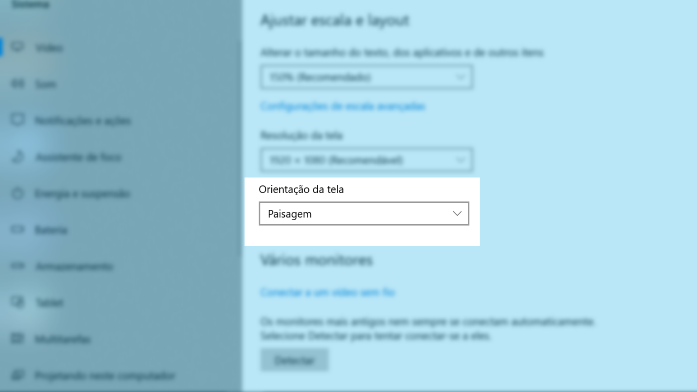 Tela do Windows que define a orientação da tela