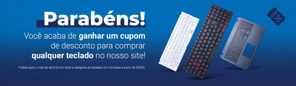 Parabéns! Você acaba de ganhar um cupom de desconto para comprar qualquer teclado no nosso site! *Válido para o mês de abril/24 em toda a categoria de teclados em compras a partir de R$350.