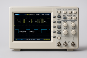 Osciloscópio digital exibindo sinais decodificados de comunicação serial (I2C, UART) - imagem meramente ilustrativa.