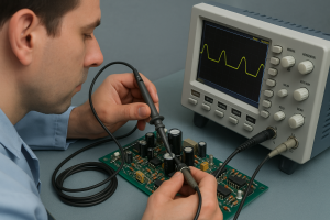 Técnico testando componentes analógicos com o osciloscópio in-circuit